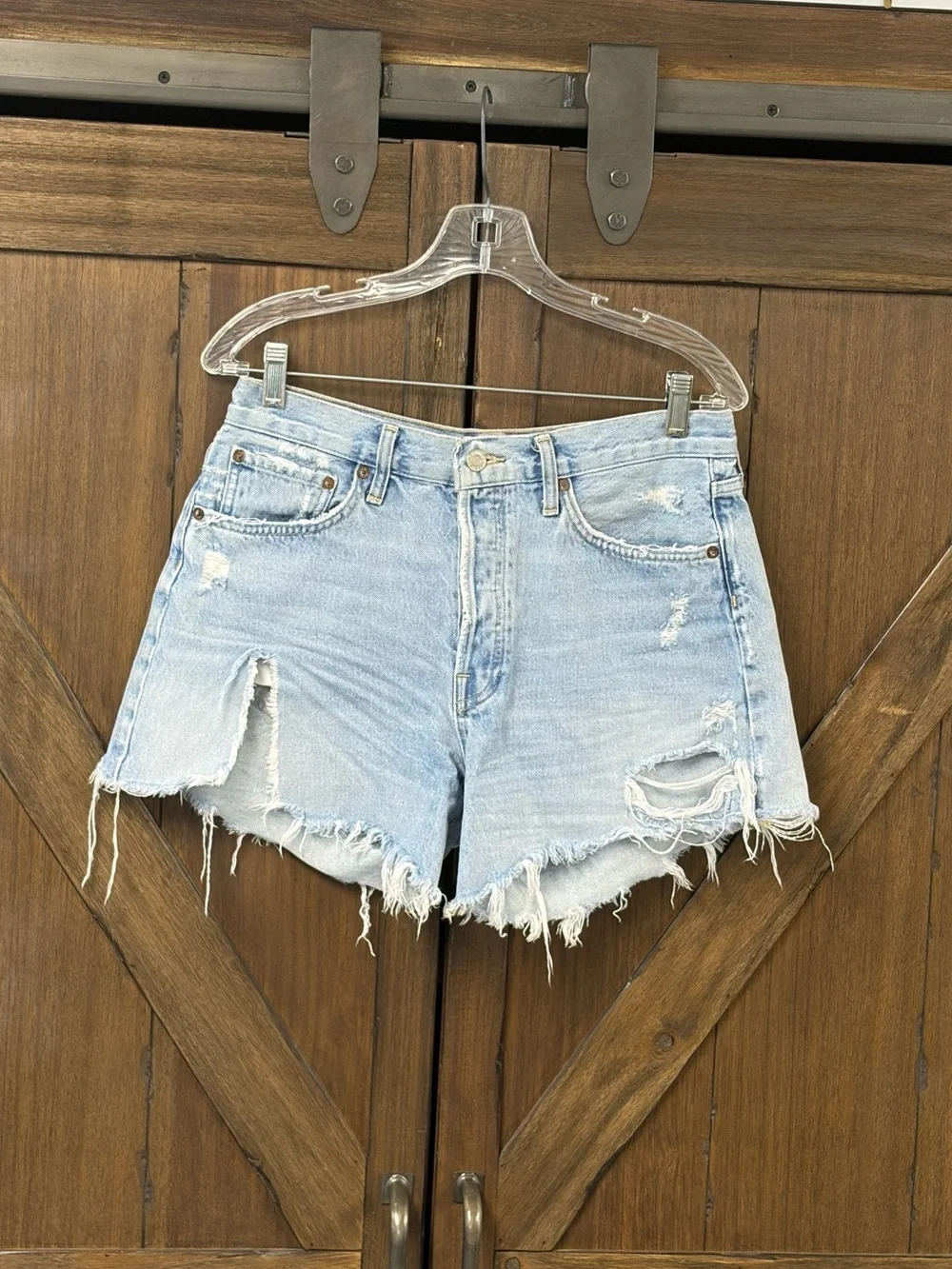 AGOLDE Designer High Rise Parker Long Relaxed Distressed Denim Short Size 28